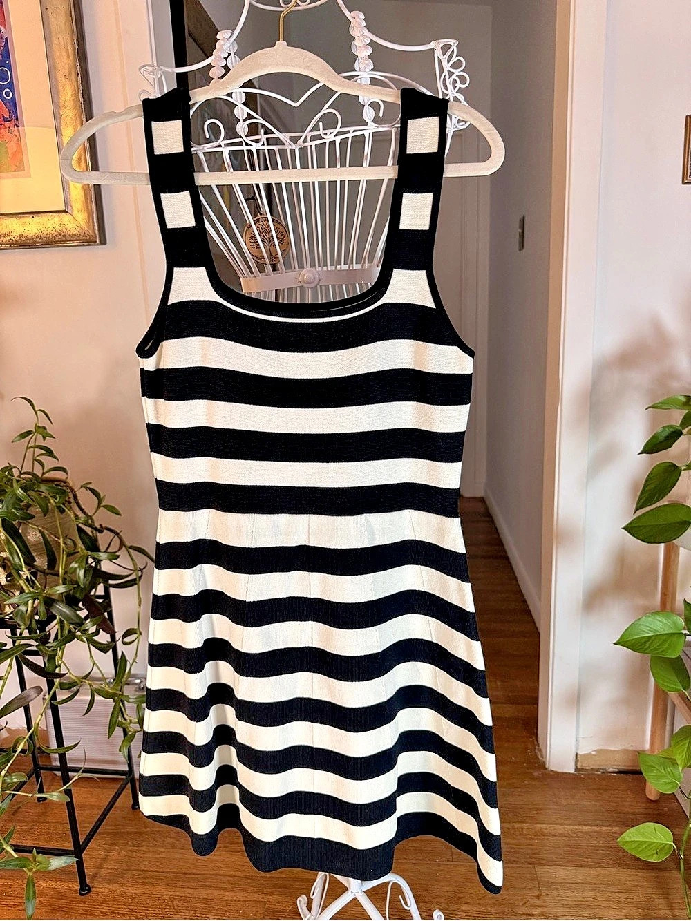 ZARA Black & White Striped Knit Fit & Flare Mini Dress | Size Medium